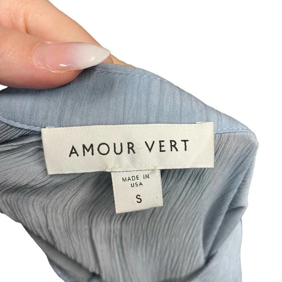 Amour Vert Blouse Top Shirt Tie Neck Short Sleeve Cupro Light Blue Size Small - Picture 6 of 7